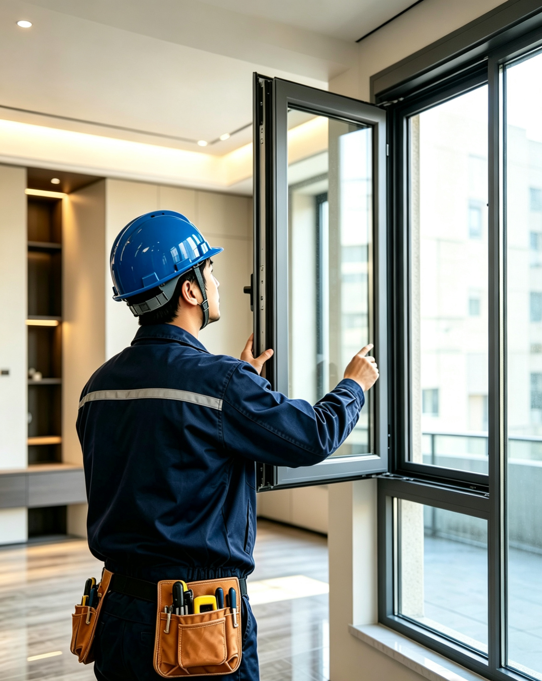 Installer inspecting a compliant Reynaers aluminium window